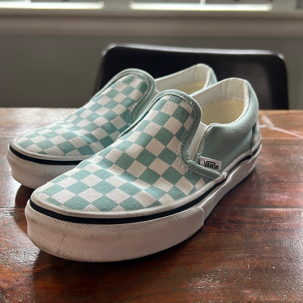 Kids light blue checkerboard slip ons